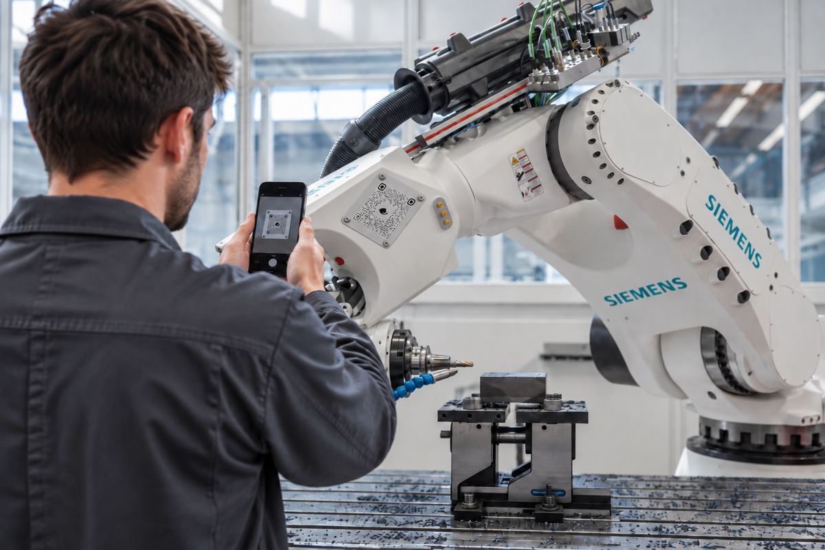 A technician holds a phone toward a large industrial machine on a factory floor.