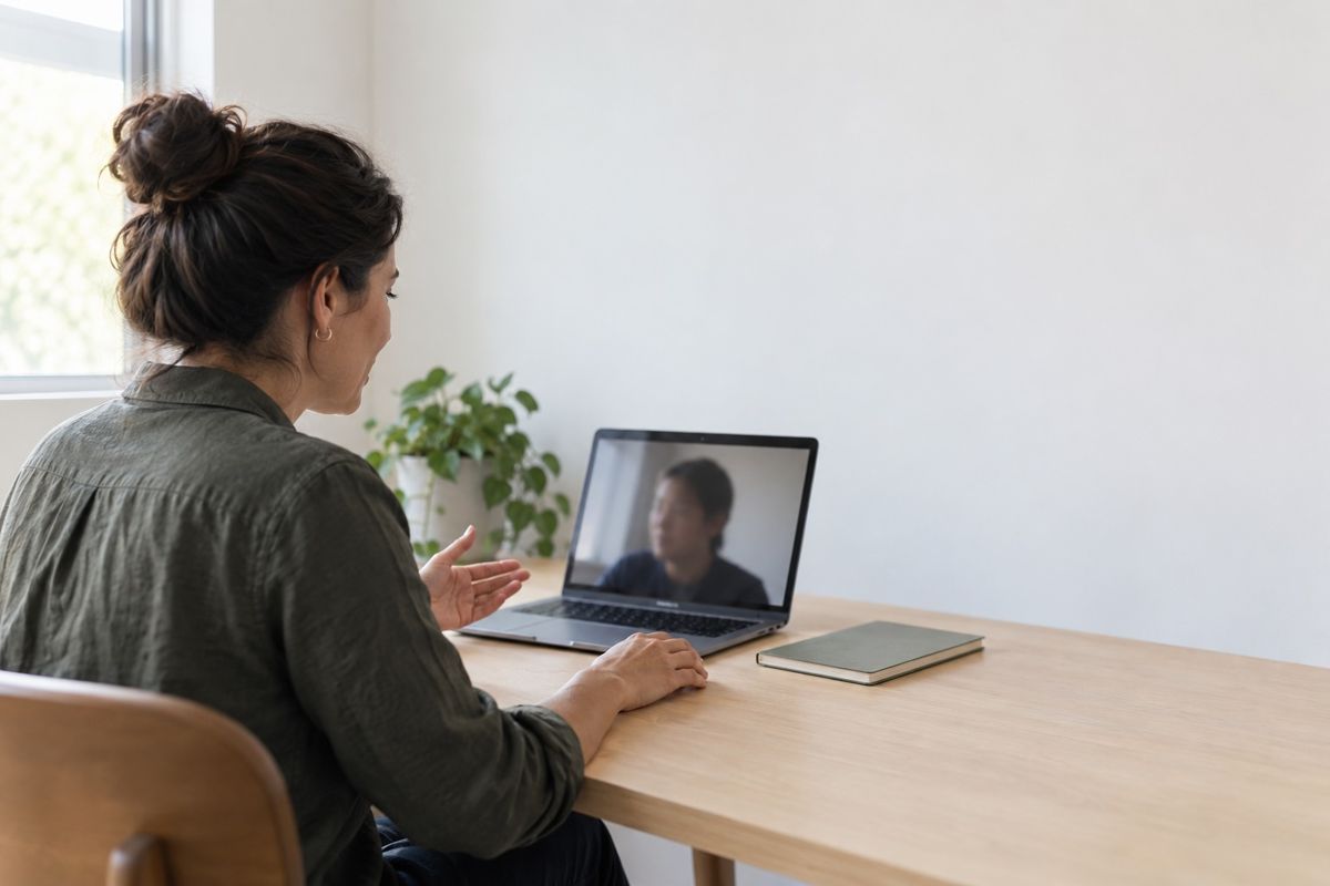 A person sits at a desk talking to someone on an open laptop.